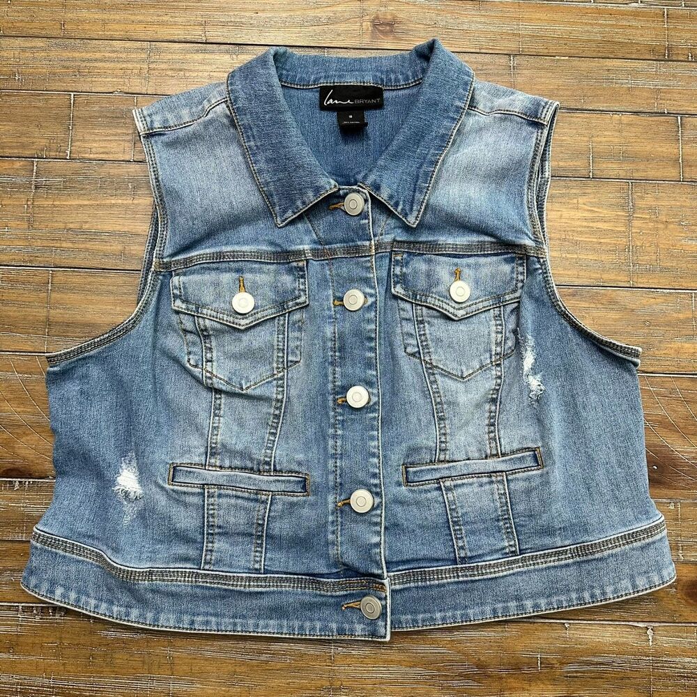 Lane Bryant Denim Vest Women's Size 16 Blue Distressed Stretch Jean Jacket
